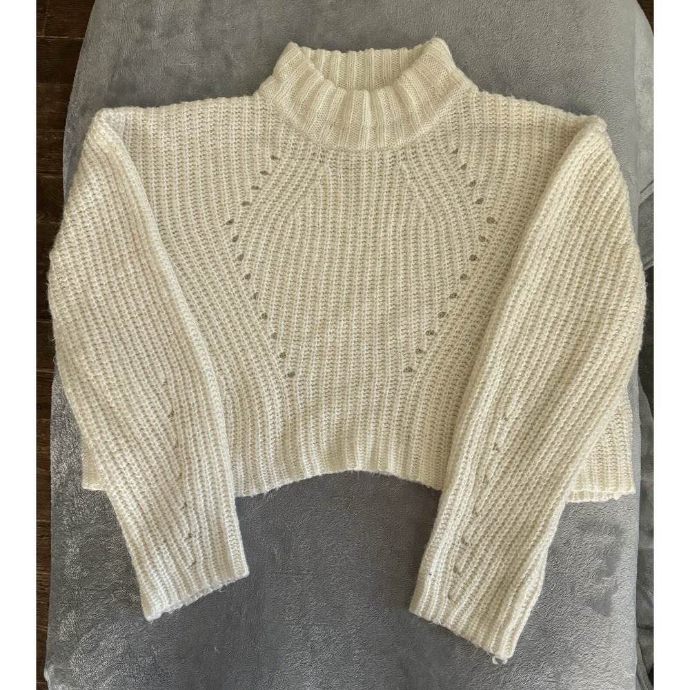 Unif Crop Sweater Womens Small‎ White Excellent High Neck Chunky Knit Pullover